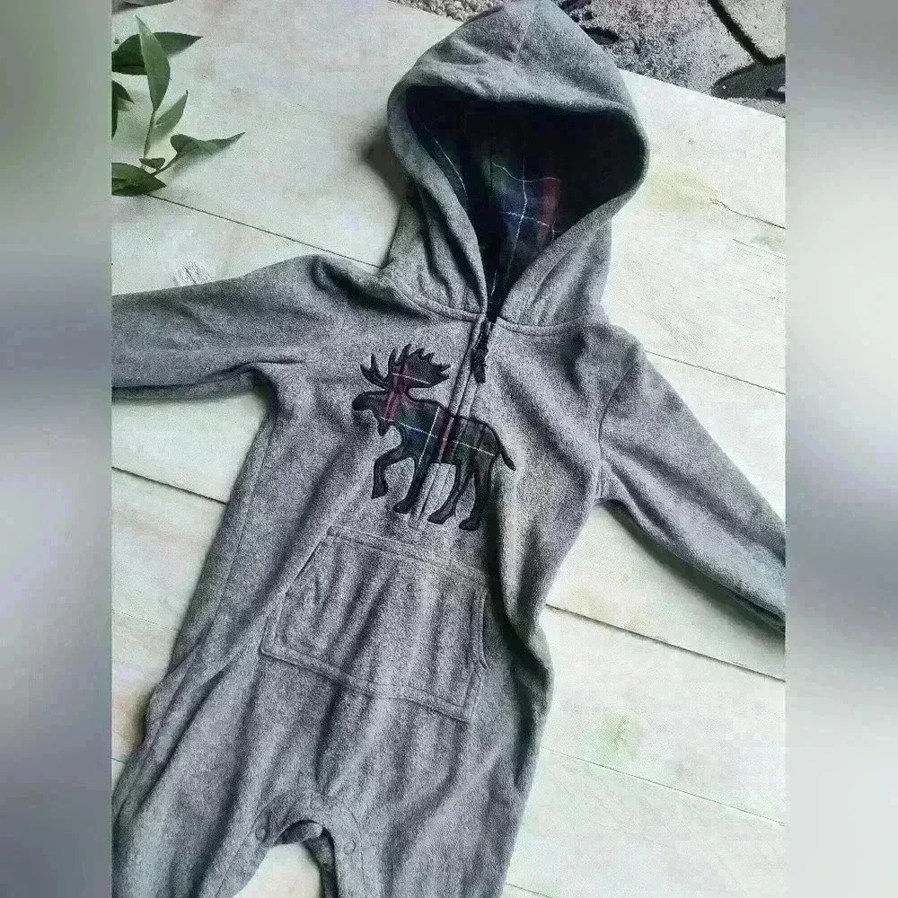 Carters 1PC Moose Animal Hooded Boys Fleece Jumpsuit Romper Coveralls Gray 18M